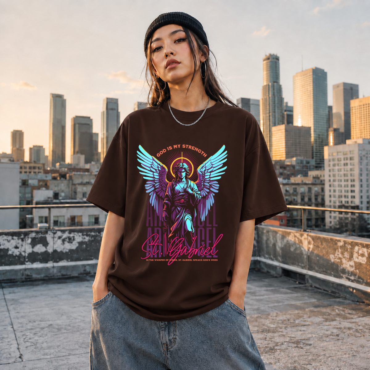 St. Gabriel Angel T-Shirt – Vintage Y2K / Acid Graphic Streetwear Tee - Color: Dark Chocolate