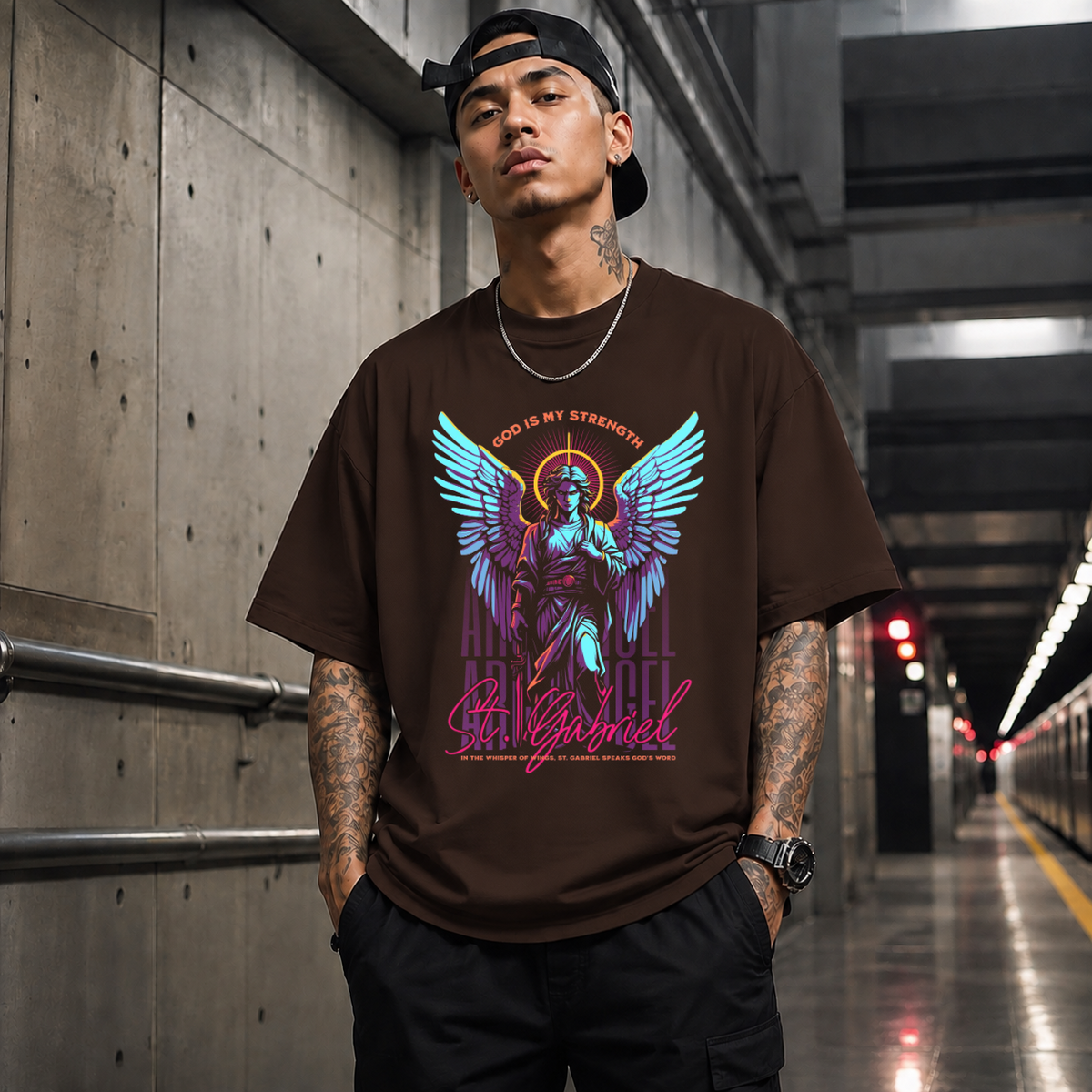 St. Gabriel Angel T-Shirt – Vintage Y2K / Acid Graphic Streetwear Tee - Color: Dark Chocolate