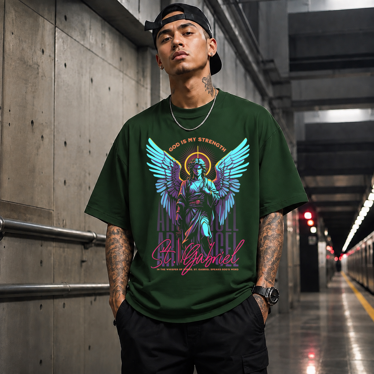 St. Gabriel Angel T-Shirt – Vintage Y2K / Acid Graphic Streetwear Tee - Color: Forest Green