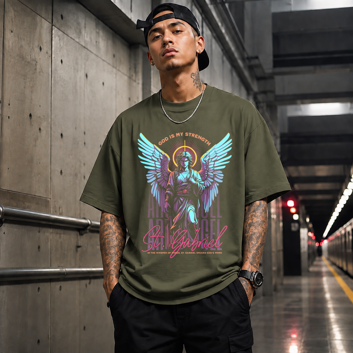 St. Gabriel Angel T-Shirt – Vintage Y2K / Acid Graphic Streetwear Tee - Color: Military Green