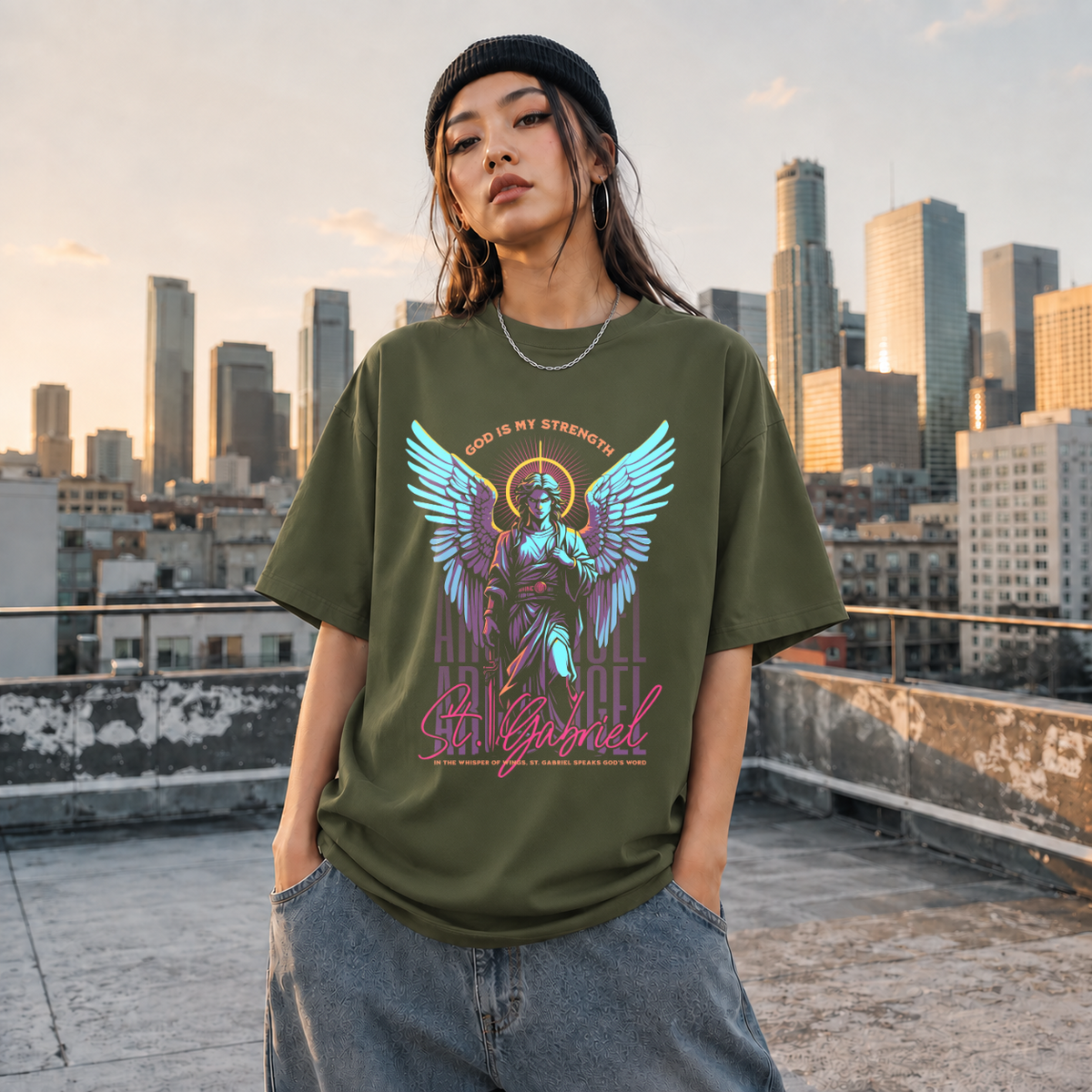 St. Gabriel Angel T-Shirt – Vintage Y2K / Acid Graphic Streetwear Tee - Color: Millitary Green