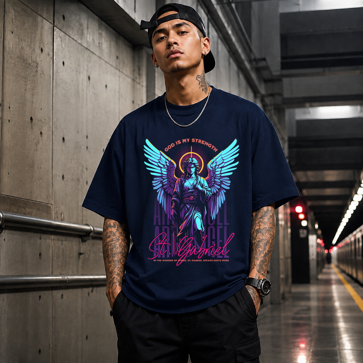 St. Gabriel Angel T-Shirt – Vintage Y2K / Acid Graphic Streetwear Tee - Color: Navy