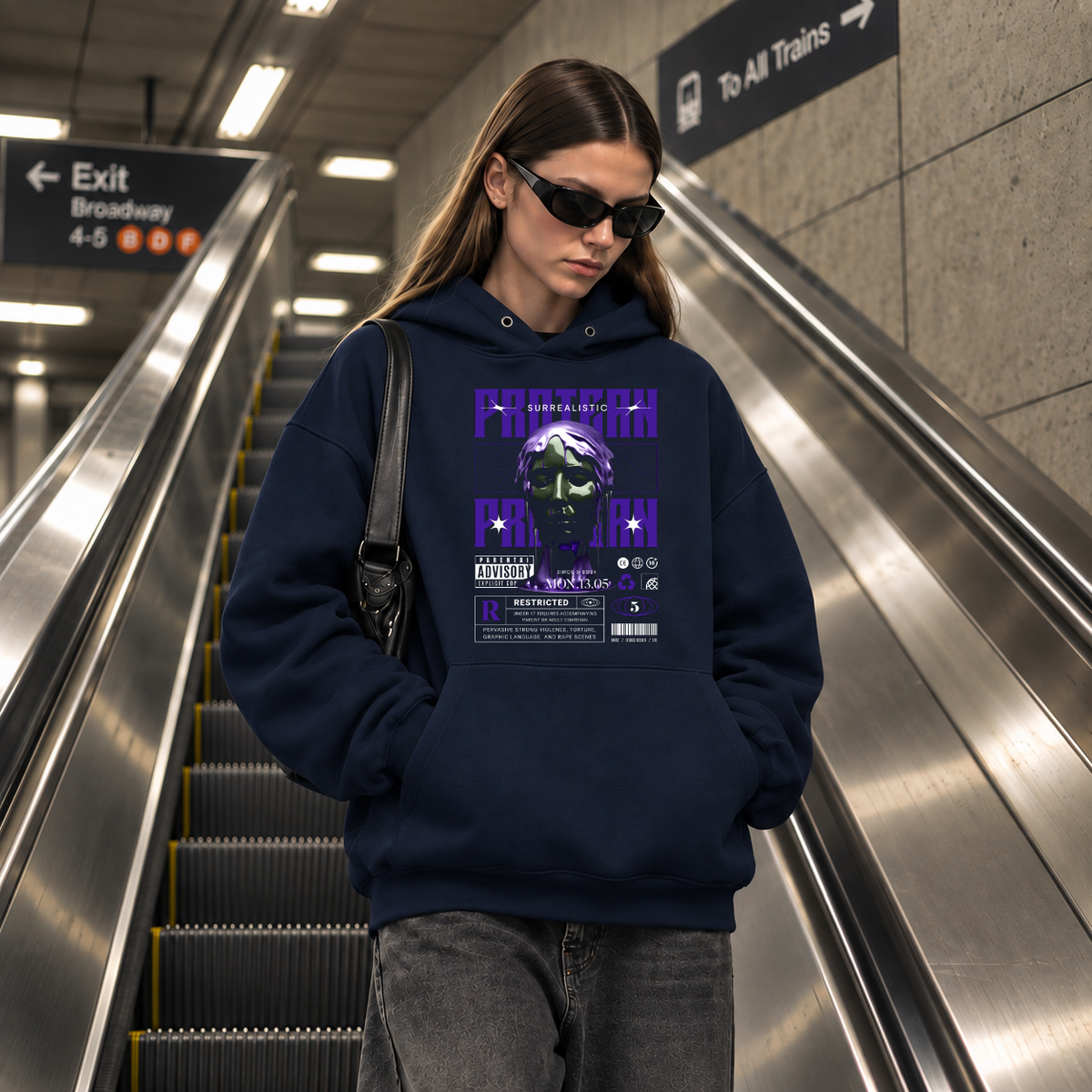 Surrealistic Protean Bust Hoodie – Vintage Y2K / Acid Graphic Streetwear Hoodie - Color: navy
