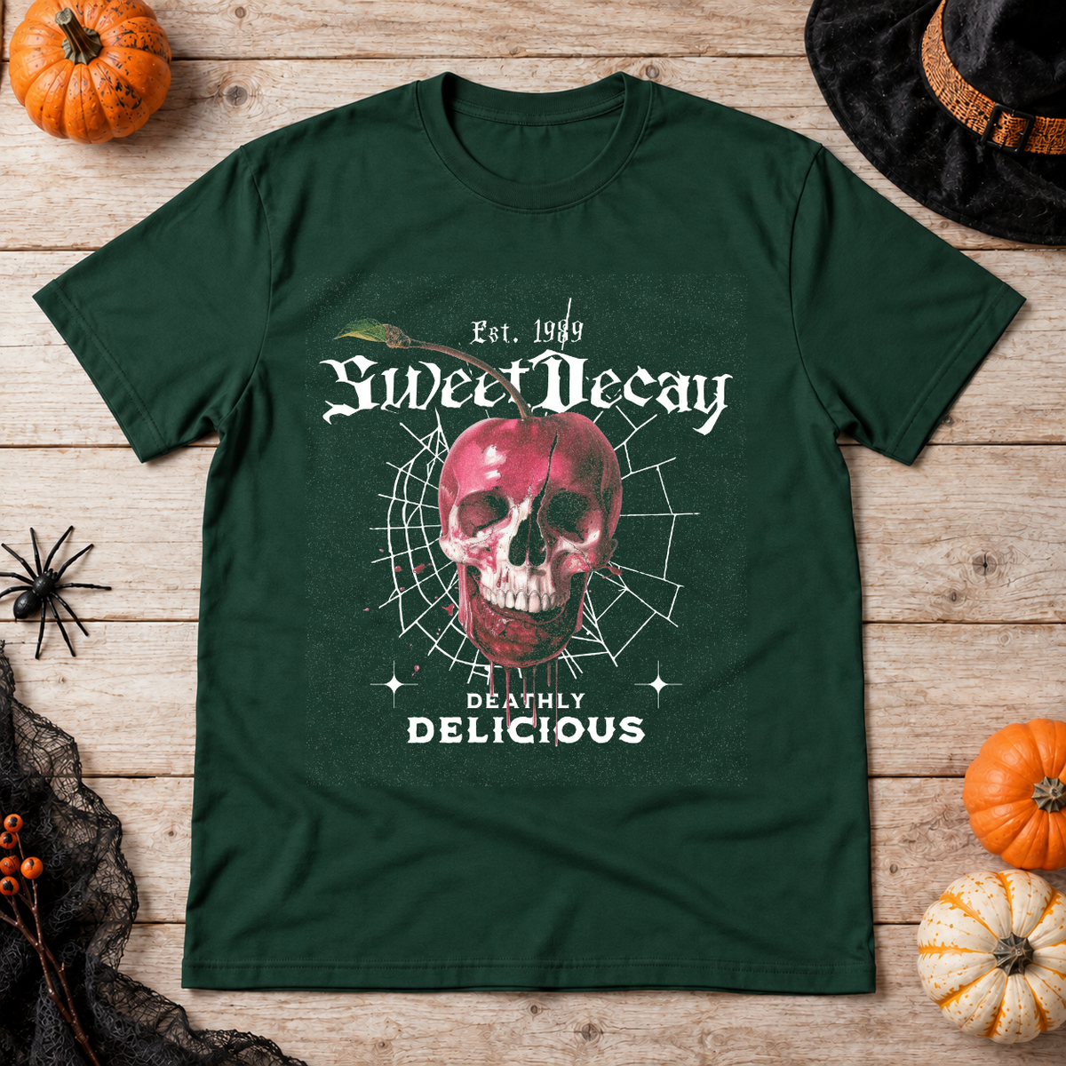 Sweet Decay T-Shirt – Cute Halloween Graphic Graphic Tee - Color: forest green