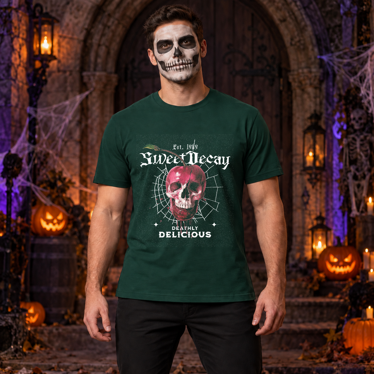 Sweet Decay T-Shirt – Cute Halloween Graphic Graphic Tee - Color: forest green