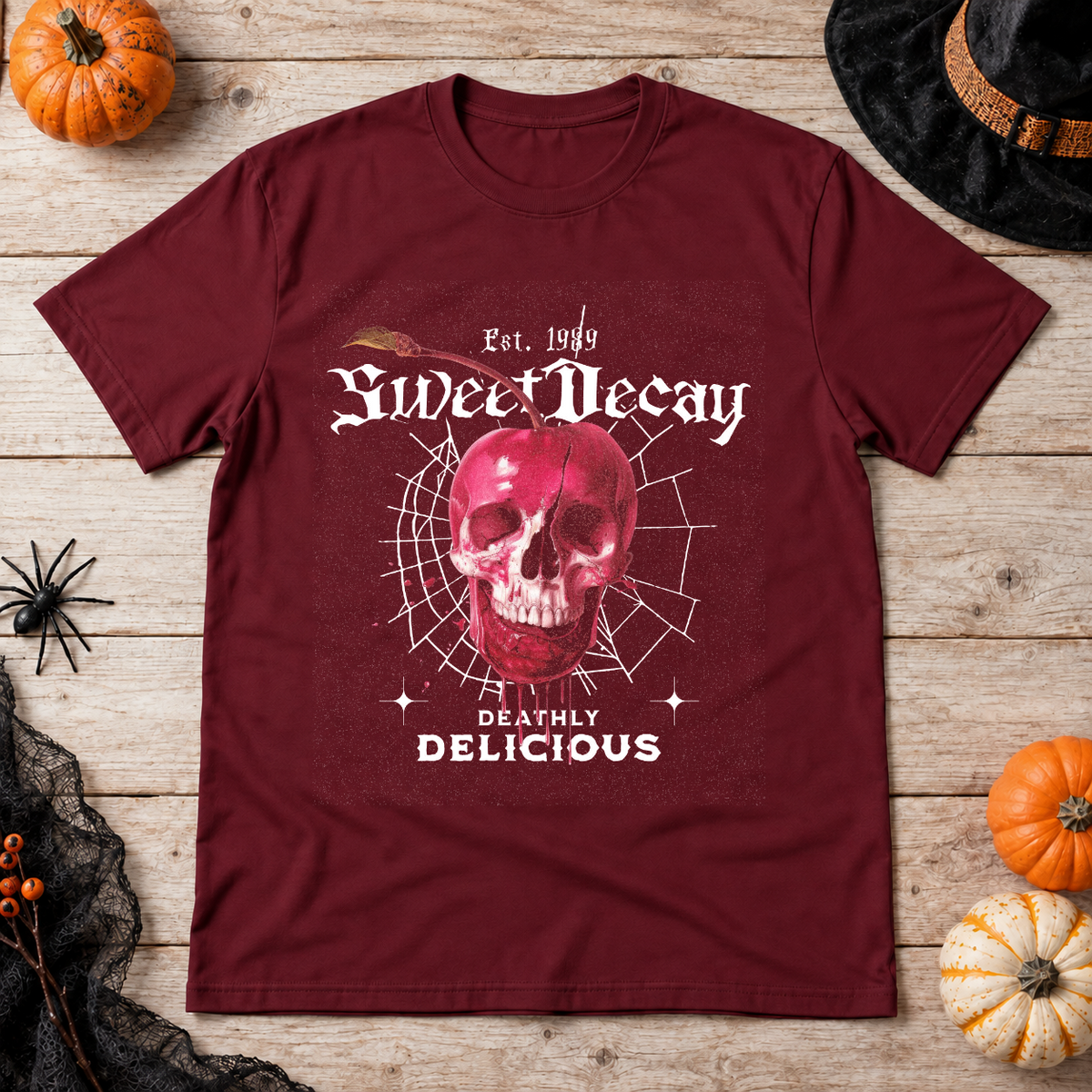 Sweet Decay T-Shirt – Cute Halloween Graphic Graphic Tee - Color: maroon