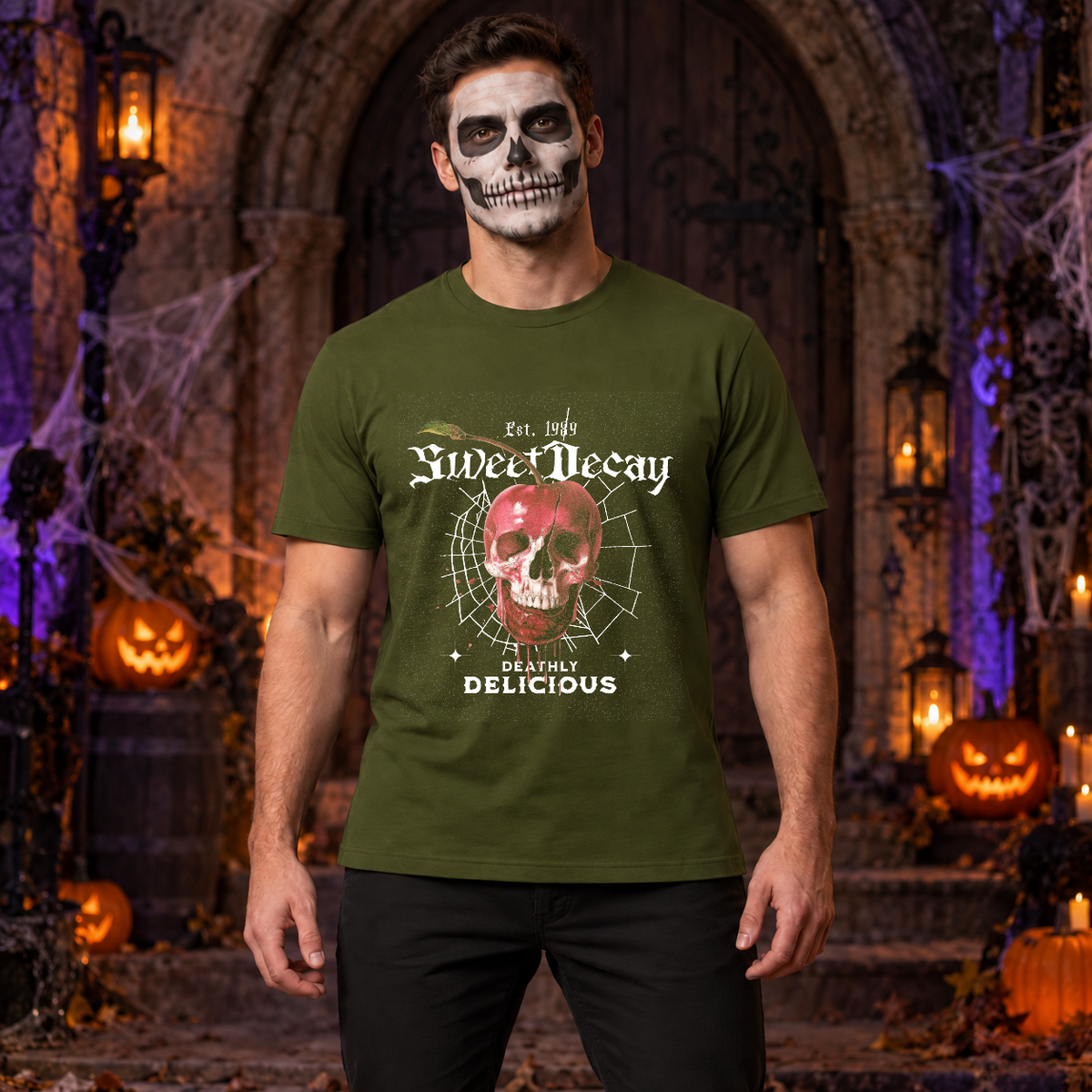 Sweet Decay T-Shirt – Cute Halloween Graphic Graphic Tee - Color: military green