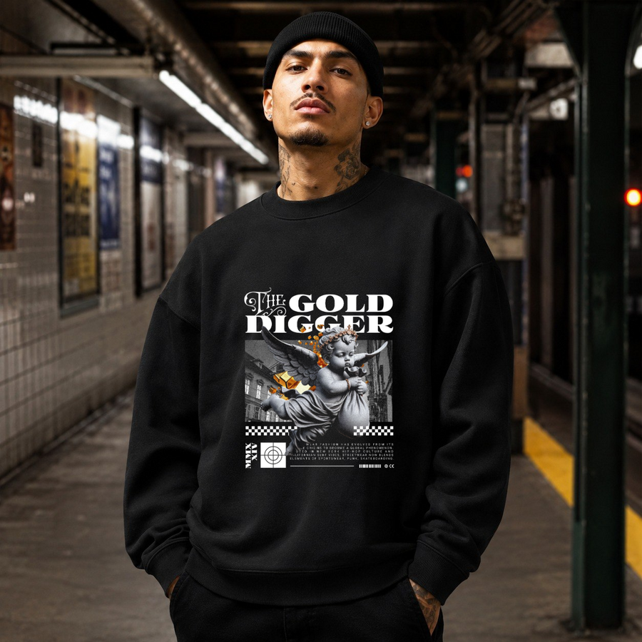 The Gold Digger Cherub Sweatshirt – Religious Imagery Collage Graphic Sweatshirt - Color: black