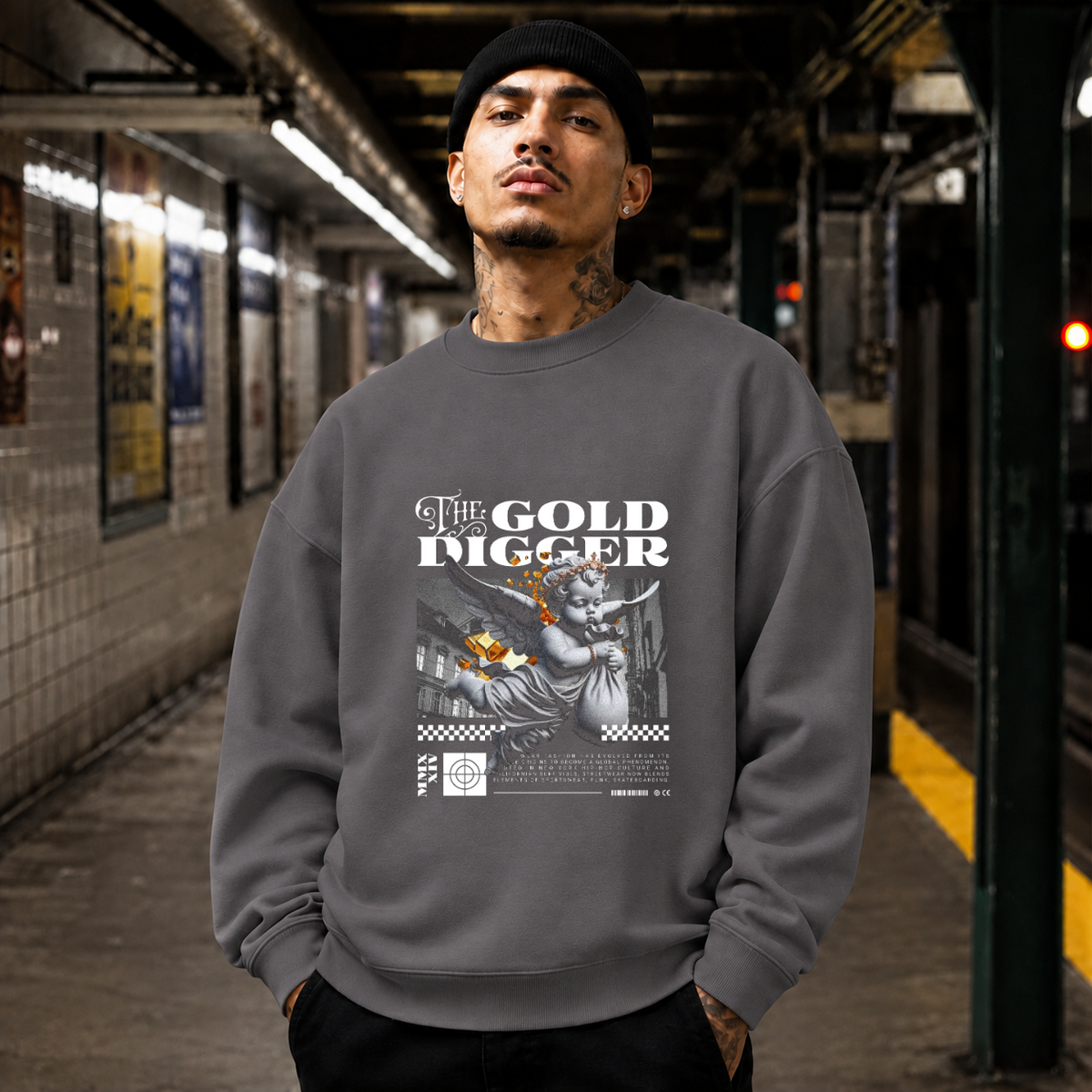 The Gold Digger Cherub Sweatshirt – Religious Imagery Collage Graphic Sweatshirt - Color: charcoal