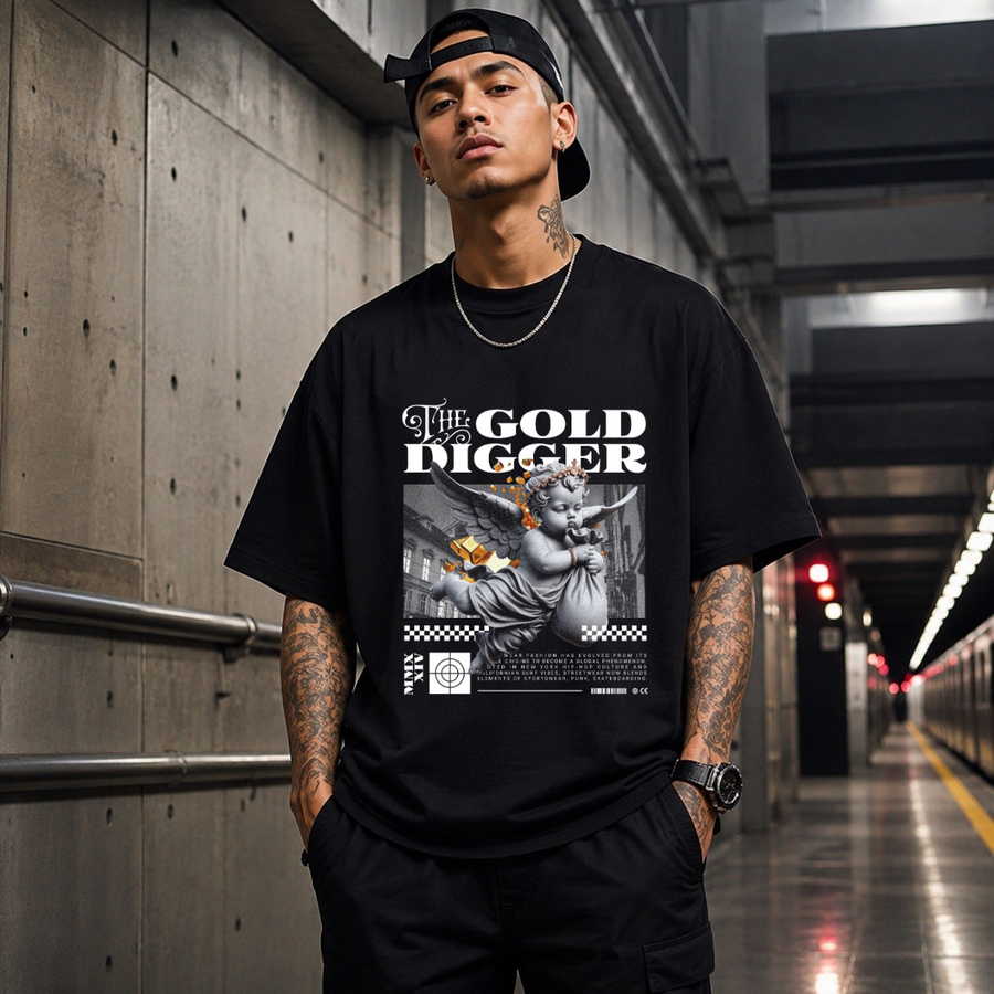 The Gold Digger Cherub T-Shirt – Religious Imagery Collage Graphic Tee - Color: Black