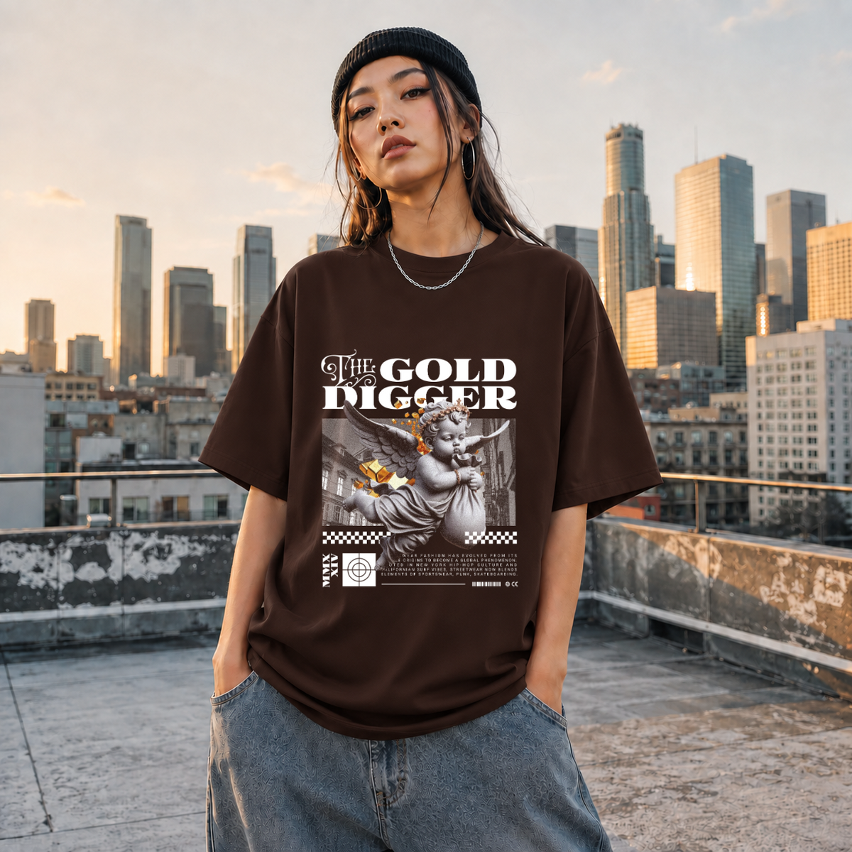 The Gold Digger Cherub T-Shirt – Religious Imagery Collage Graphic Tee - Color: Dark Chocolate