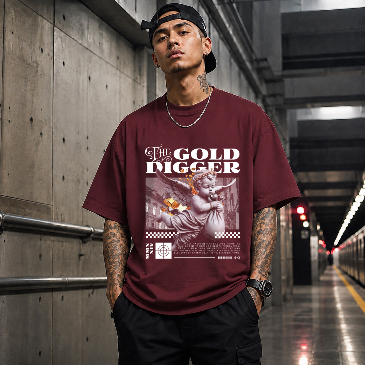 The Gold Digger Cherub T-Shirt – Religious Imagery Collage Graphic Tee - Color: Maroon