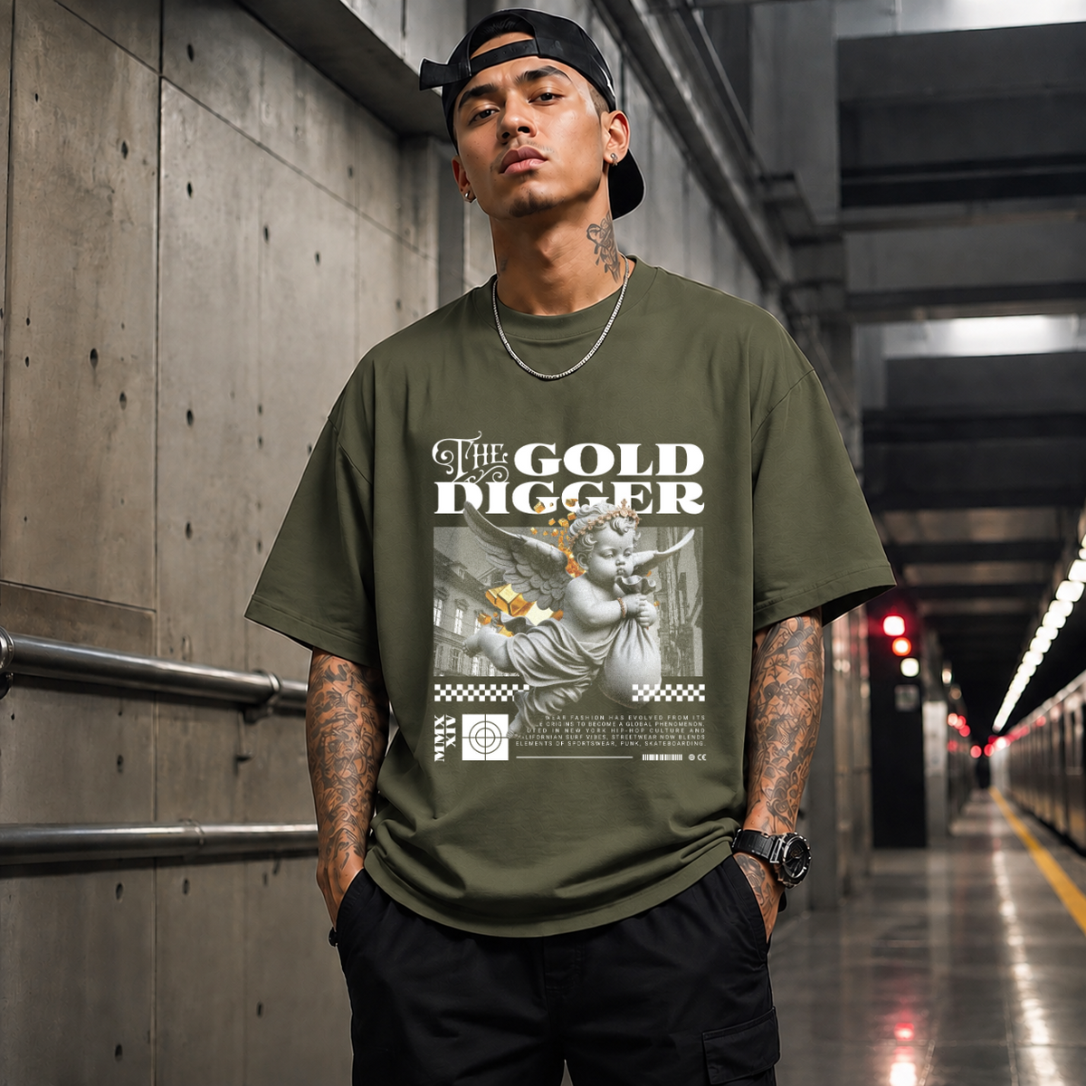 The Gold Digger Cherub T-Shirt – Religious Imagery Collage Graphic Tee - Color: Military Green