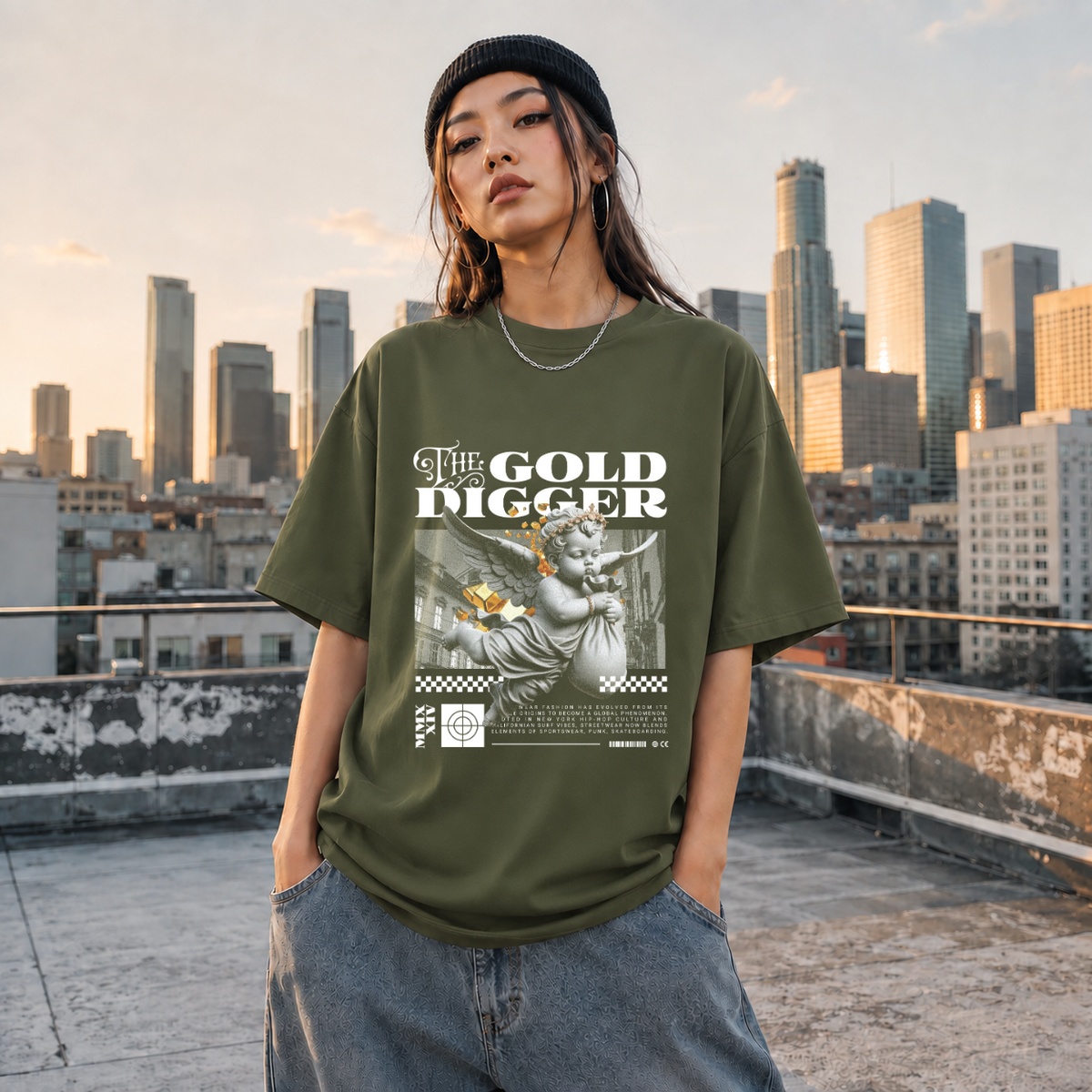 The Gold Digger Cherub T-Shirt – Religious Imagery Collage Graphic Tee - Color: Millitary Green