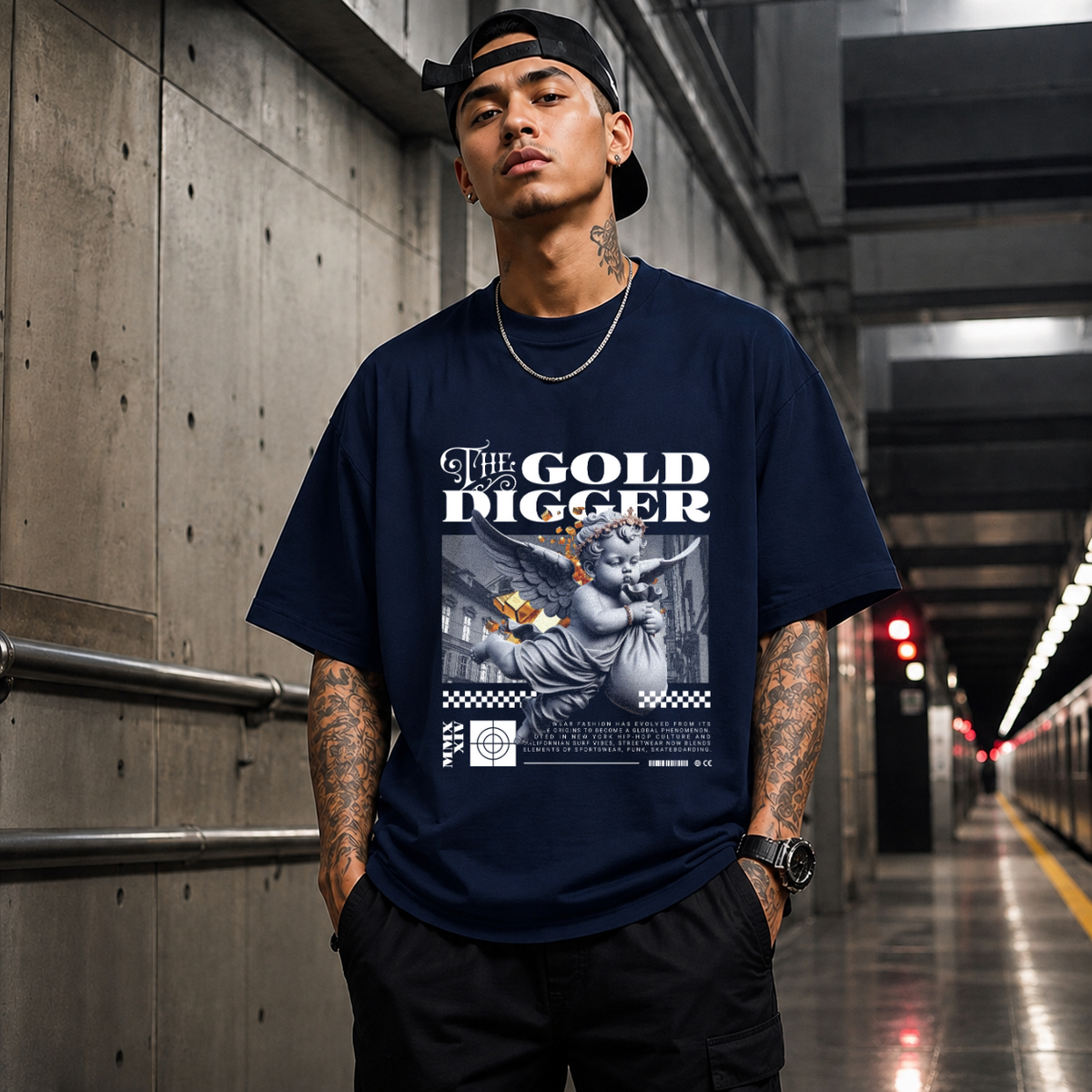 The Gold Digger Cherub T-Shirt – Religious Imagery Collage Graphic Tee - Color: Navy