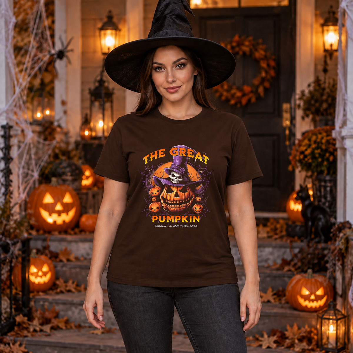 The Great Pumpkin T-Shirt – Classic Halloween Graphic Design Graphic Tee - Color: chocolate