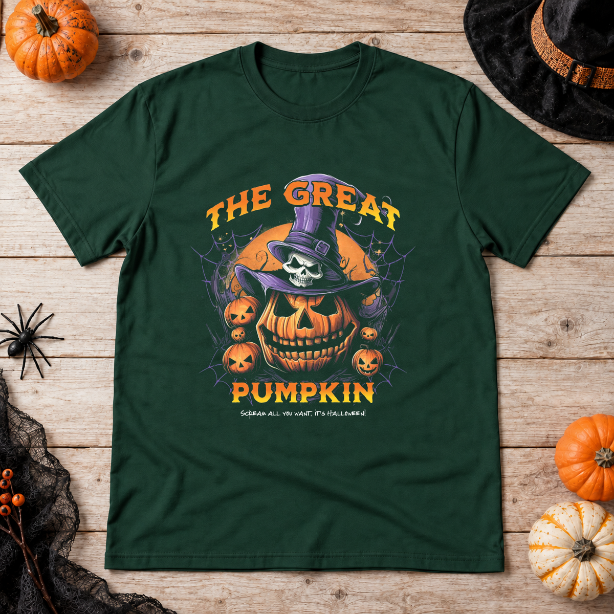The Great Pumpkin T-Shirt – Classic Halloween Graphic Design Graphic Tee - Color: forest green