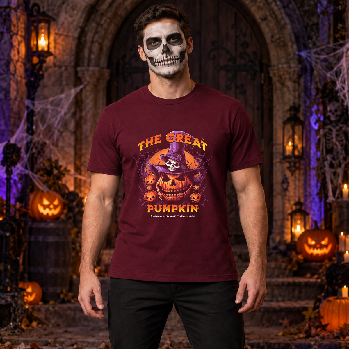 The Great Pumpkin T-Shirt – Classic Halloween Graphic Design Graphic Tee - Color: maroon