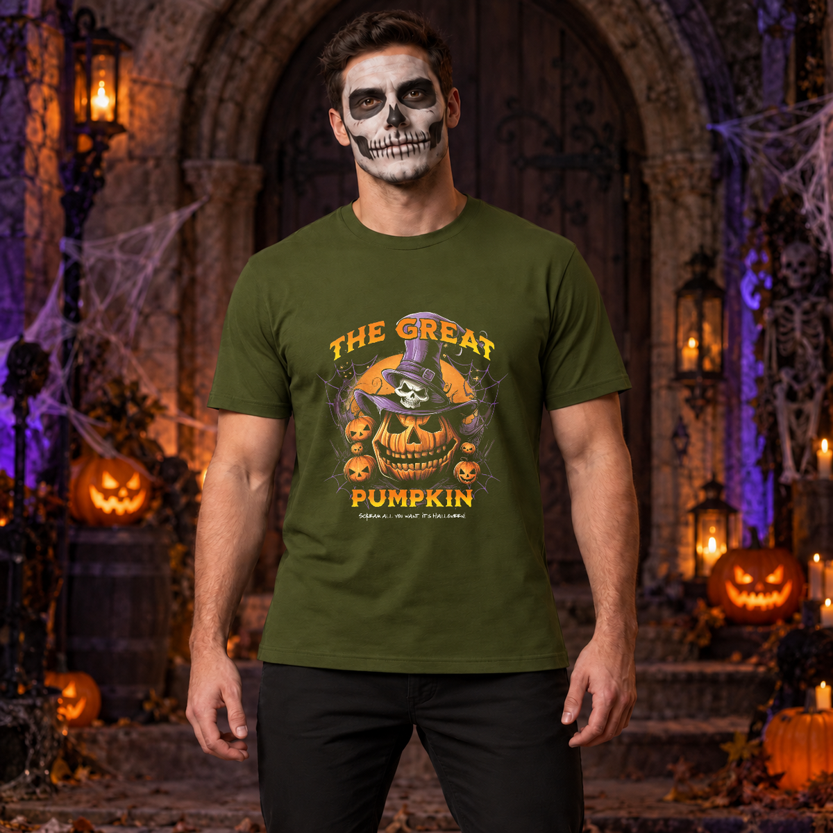 The Great Pumpkin T-Shirt – Classic Halloween Graphic Design Graphic Tee - Color: military green