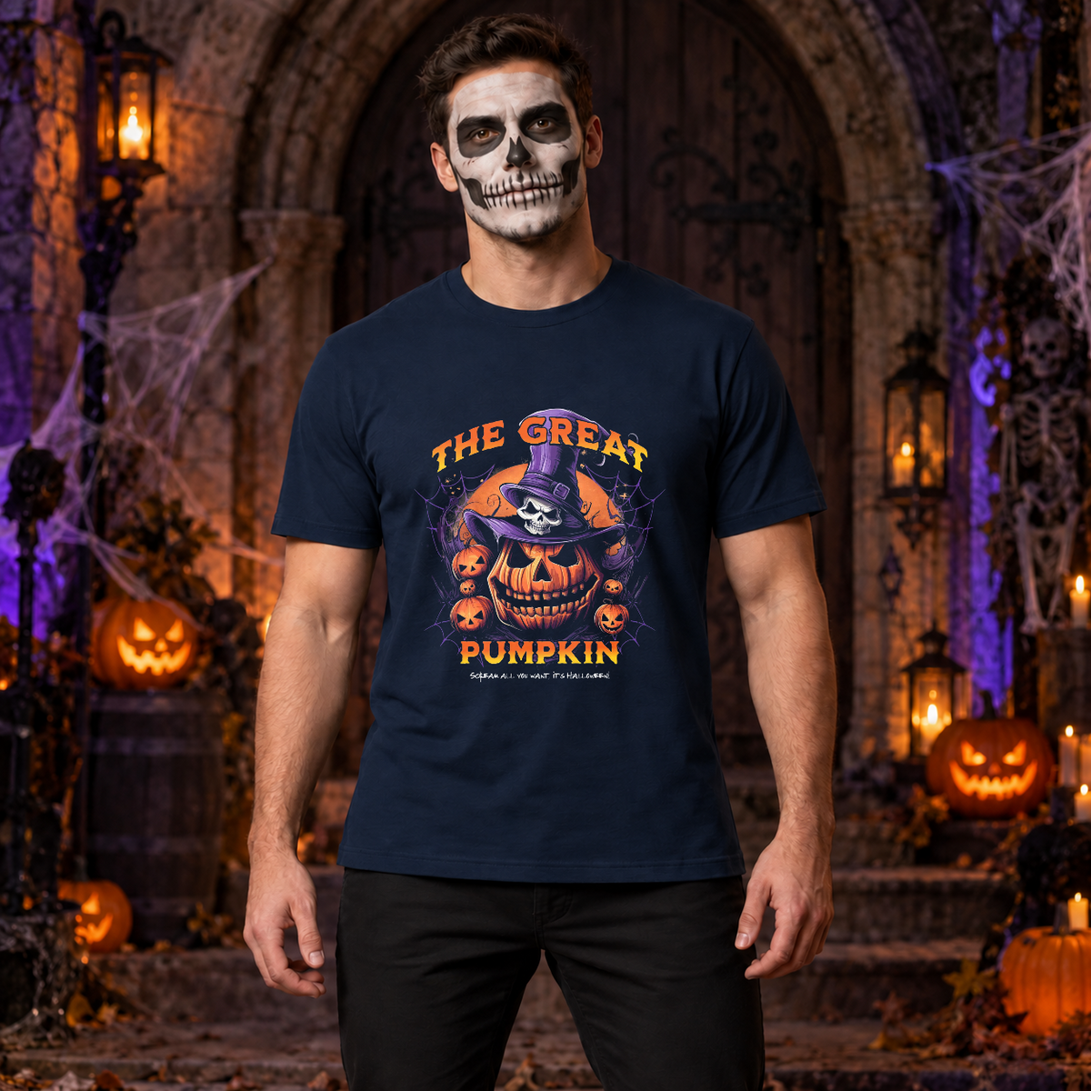 The Great Pumpkin T-Shirt – Classic Halloween Graphic Design Graphic Tee - Color: navy