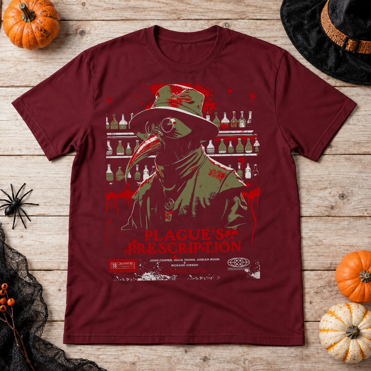 The Plague Doctor Movie Poster T-Shirt – Dark Streetwear Graphic Design Graphic Tee - Color: maroon