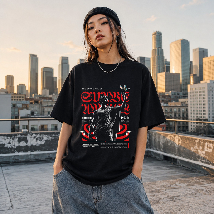 The Suave Angel Statue T-Shirt – Gothic Streetwear Poster Graphic Tee - Color: Black