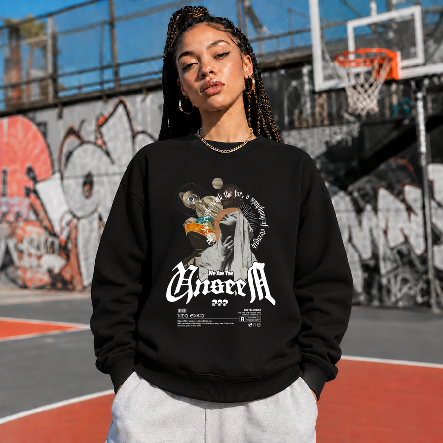 The Unseen Angeum Collage Sweatshirt – Experimental Typography Graphic Sweatshirt - Color: black