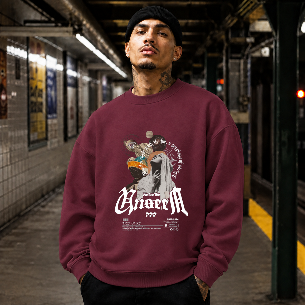 The Unseen Angeum Collage Sweatshirt – Experimental Typography Graphic Sweatshirt - Color: maroon