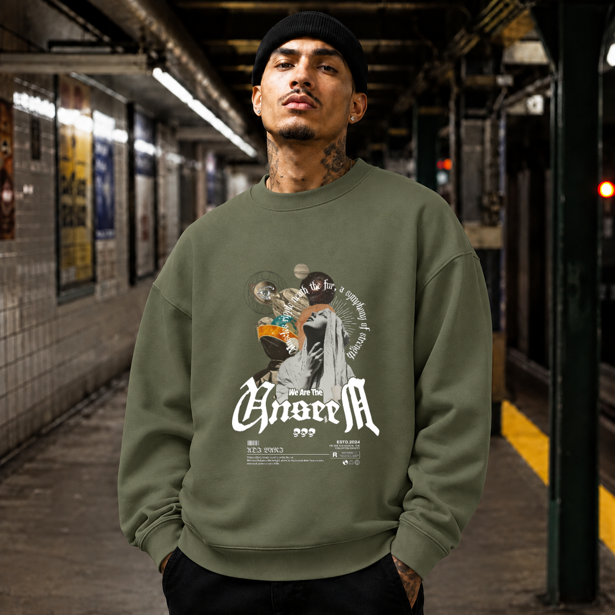 The Unseen Angeum Collage Sweatshirt – Experimental Typography Graphic Sweatshirt - Color: military green