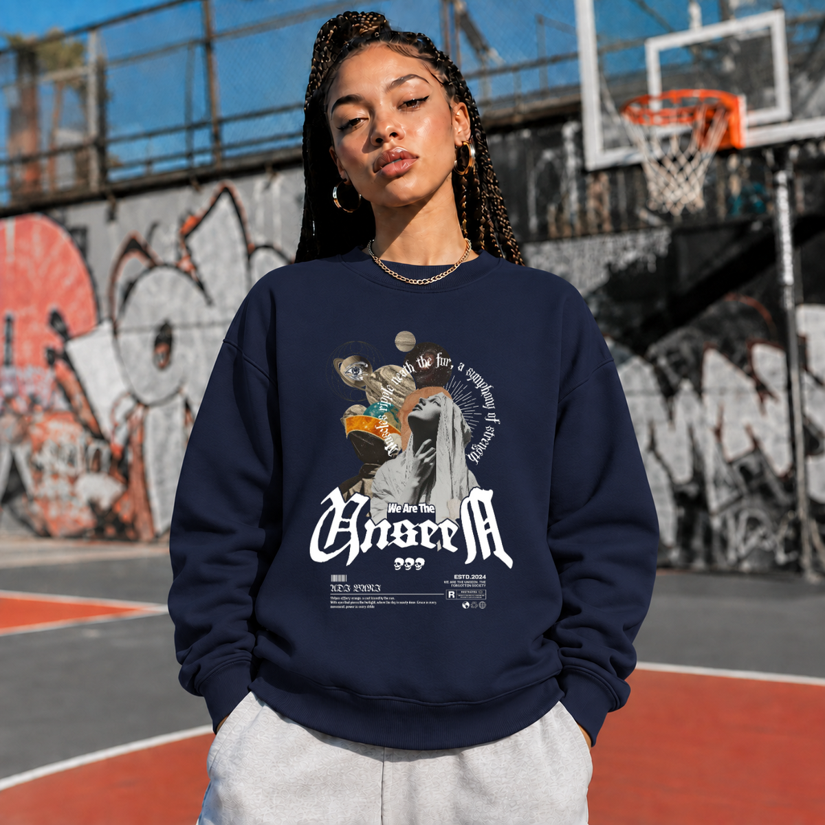 The Unseen Angeum Collage Sweatshirt – Experimental Typography Graphic Sweatshirt - Color: navy