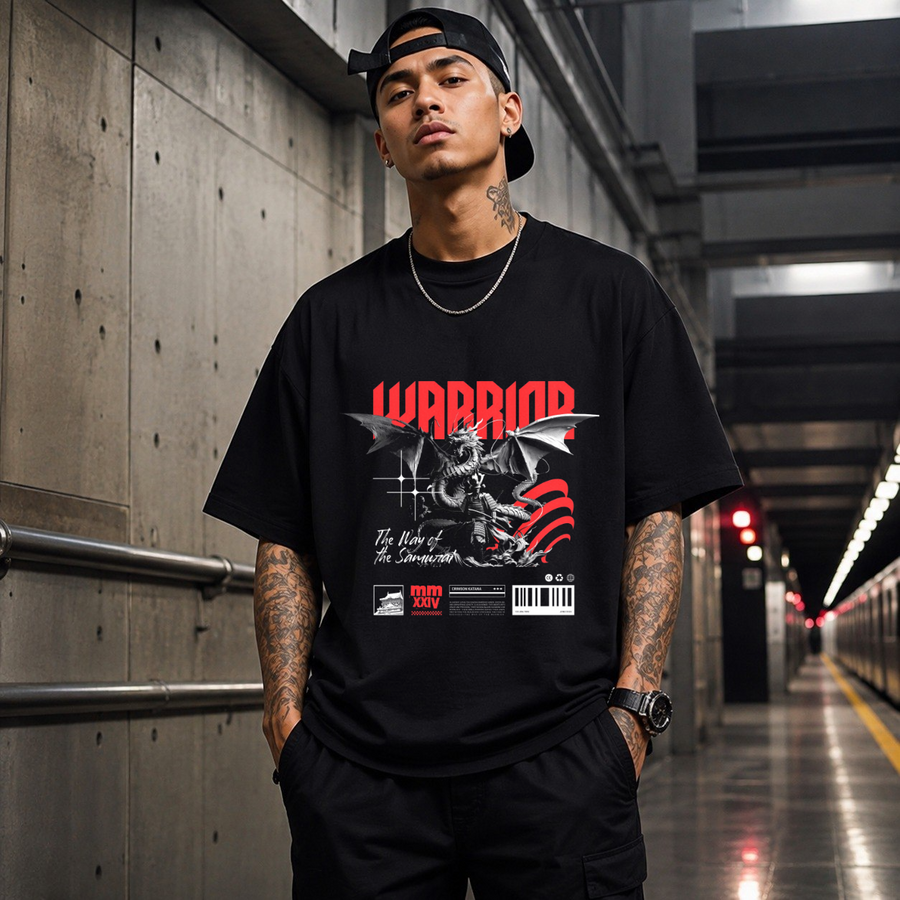 The Warrior Dragon T-Shirt – Gothic Streetwear Poster Graphic Tee - Color: Black