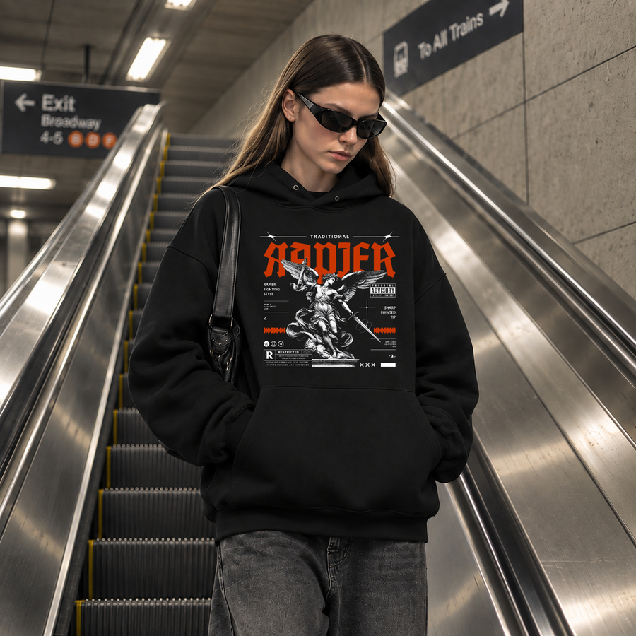 Traditional Rapier Angel Warrior Hoodie – Gothic Streetwear Poster Graphic Hoodie - Color: black