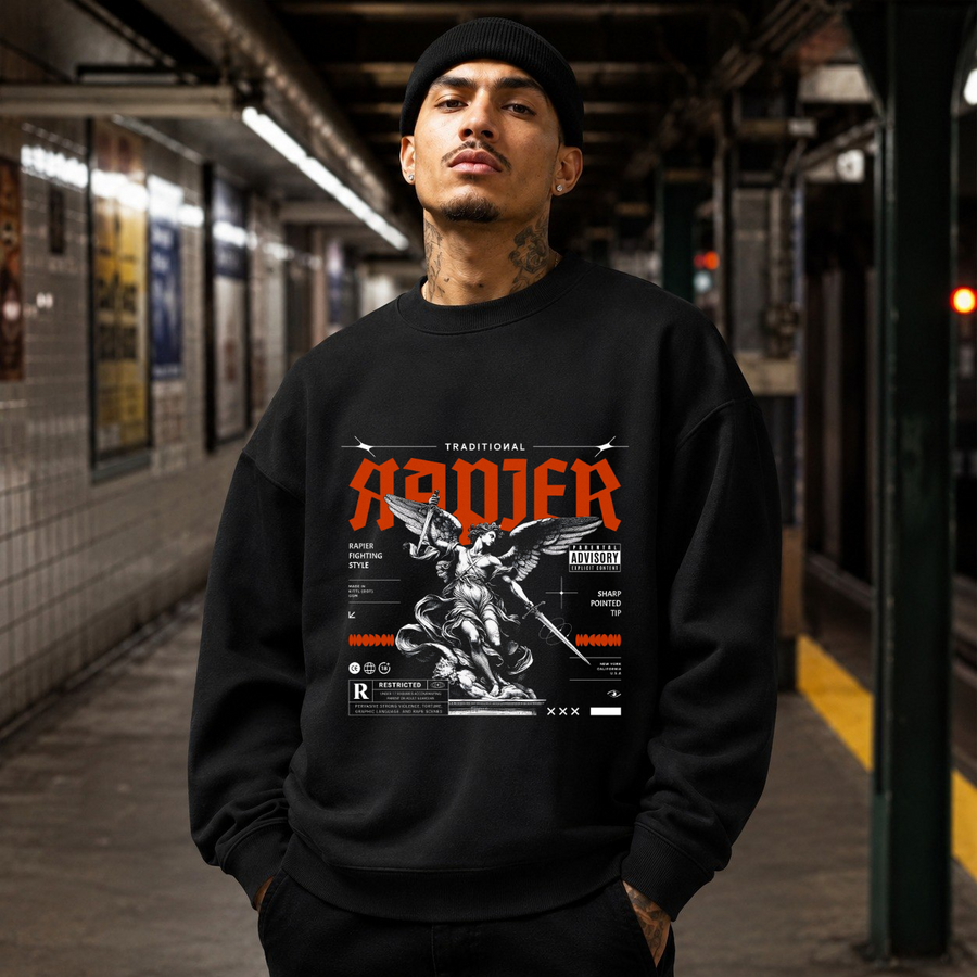 Traditional Rapier Angel Warrior Sweatshirt – Gothic Streetwear Poster Graphic Sweatshirt - Color: black