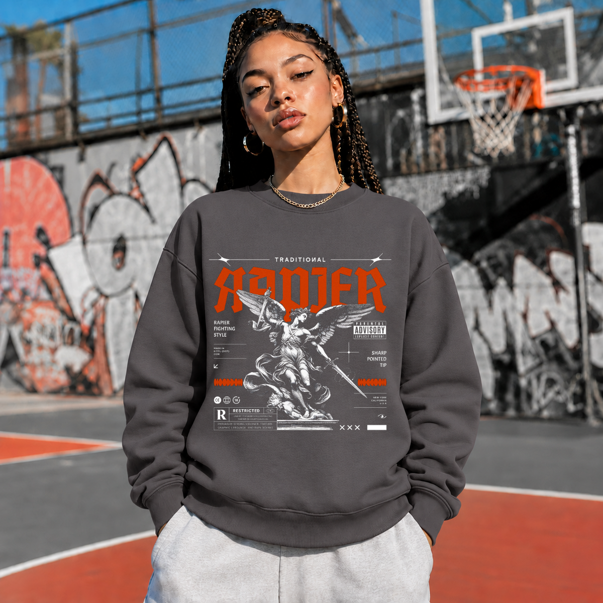 Traditional Rapier Angel Warrior Sweatshirt – Gothic Streetwear Poster Graphic Sweatshirt - Color: charcoal