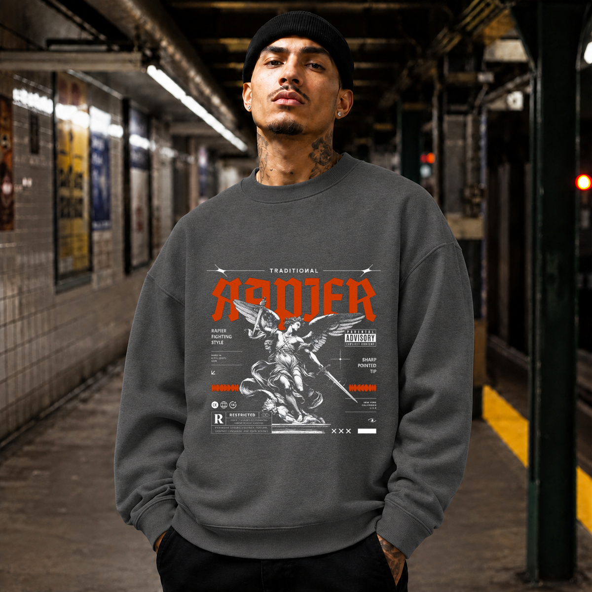 Traditional Rapier Angel Warrior Sweatshirt – Gothic Streetwear Poster Graphic Sweatshirt - Color: dark heather