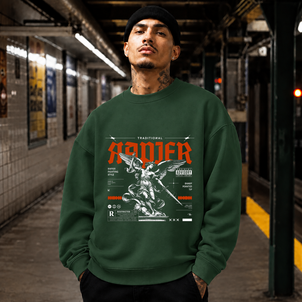 Traditional Rapier Angel Warrior Sweatshirt – Gothic Streetwear Poster Graphic Sweatshirt - Color: forest green