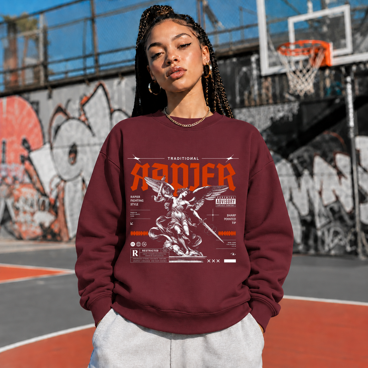 Traditional Rapier Angel Warrior Sweatshirt – Gothic Streetwear Poster Graphic Sweatshirt - Color: maroon
