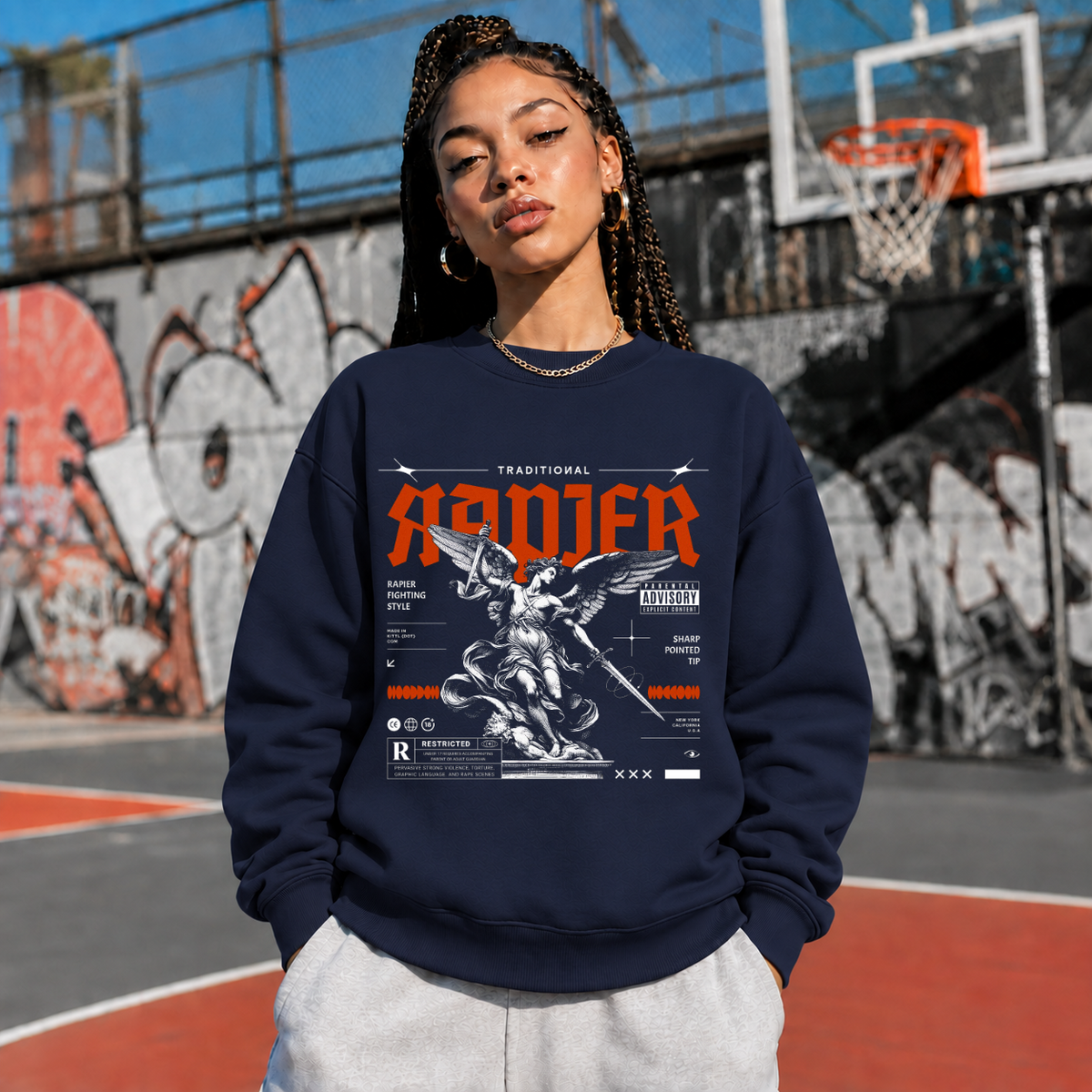 Traditional Rapier Angel Warrior Sweatshirt – Gothic Streetwear Poster Graphic Sweatshirt - Color: navy