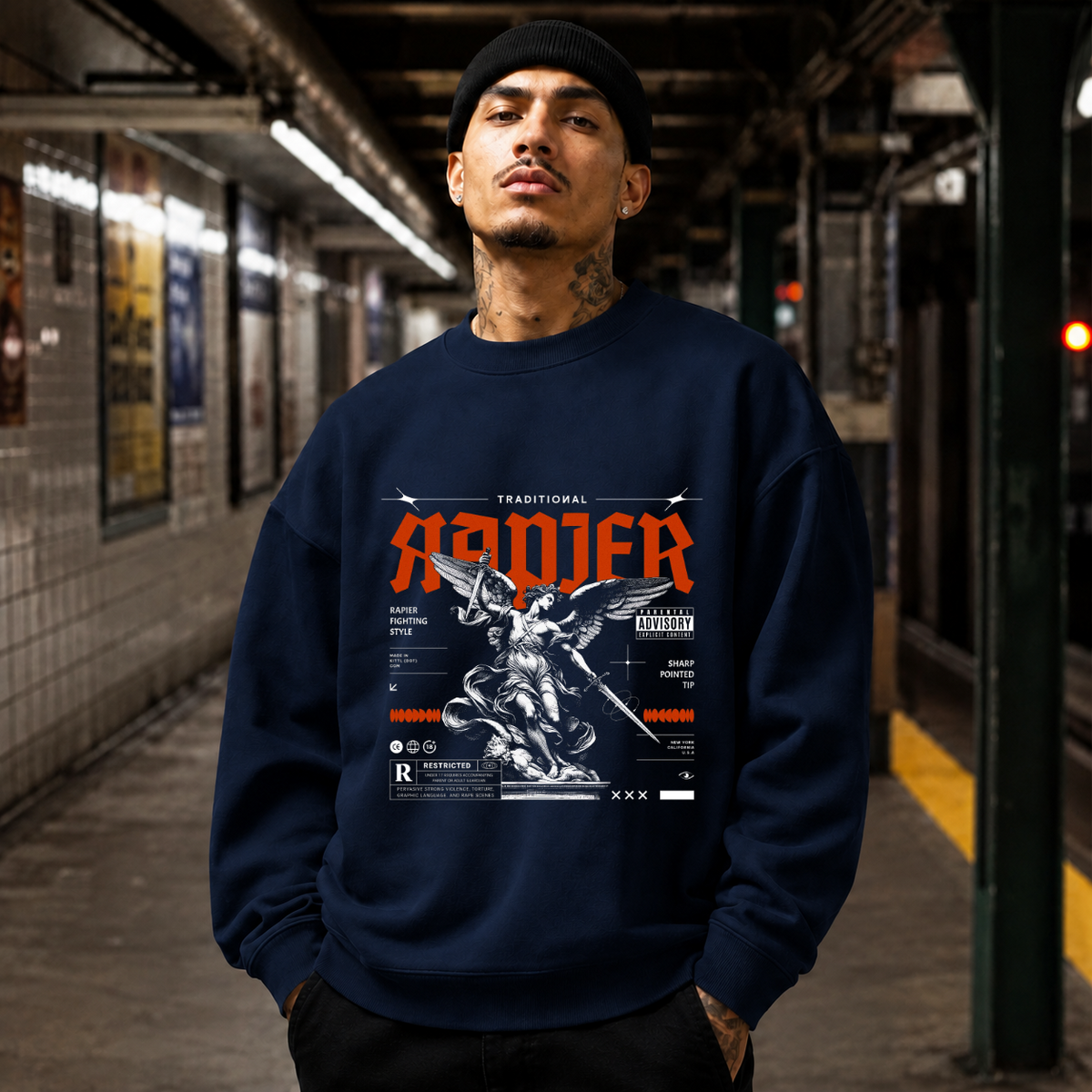 Traditional Rapier Angel Warrior Sweatshirt – Gothic Streetwear Poster Graphic Sweatshirt - Color: navy