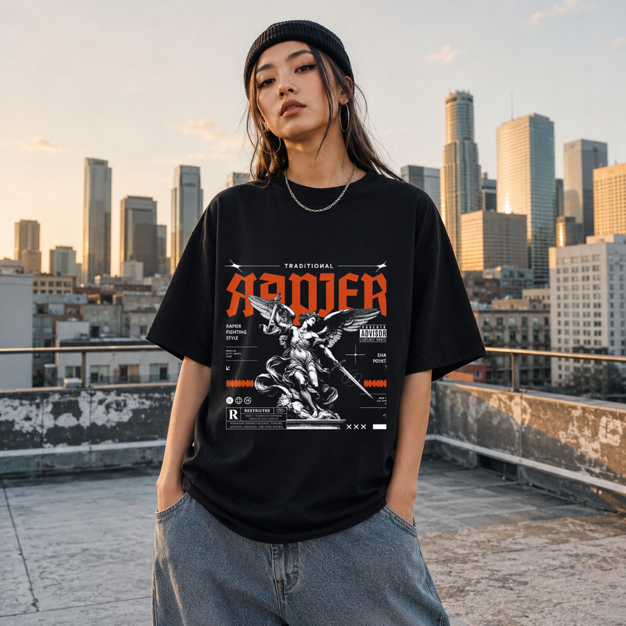Traditional Rapier Angel Warrior T-Shirt – Gothic Streetwear Poster Graphic Tee - Color: Black