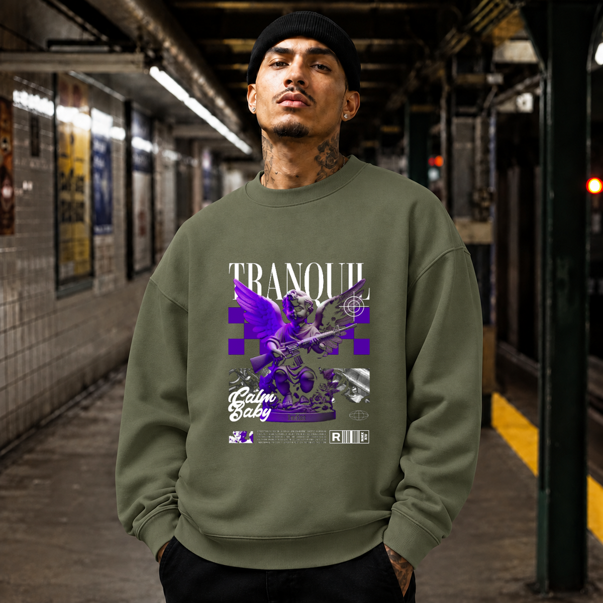 Tranquil Calm Baby Angel T-Shirt – Vintage Y2K / Acid Graphic Streetwear Tee - Color: military green