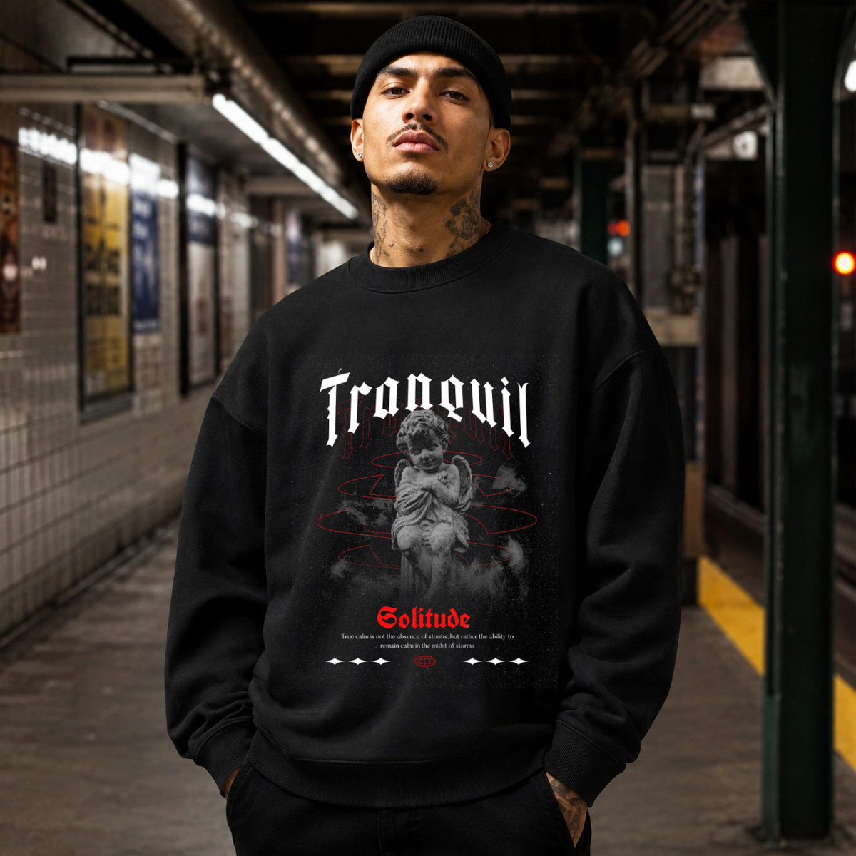 Tranquil Solitude Cherub Statue Sweatshirt – Religious Imagery Collage Graphic Sweatshirt - Color: black