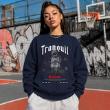 Tranquil Solitude Cherub Statue Sweatshirt – Religious Imagery Collage Graphic Sweatshirt - Color: navy