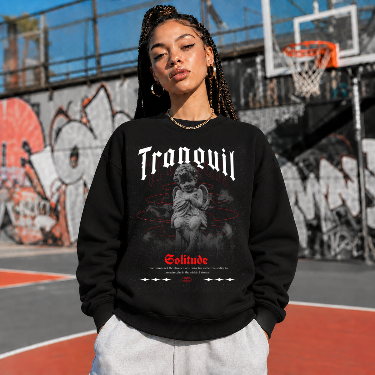 Tranquil Solitude Cherub Statue T-Shirt – Religious Imagery Collage Graphic Tee - Color: black