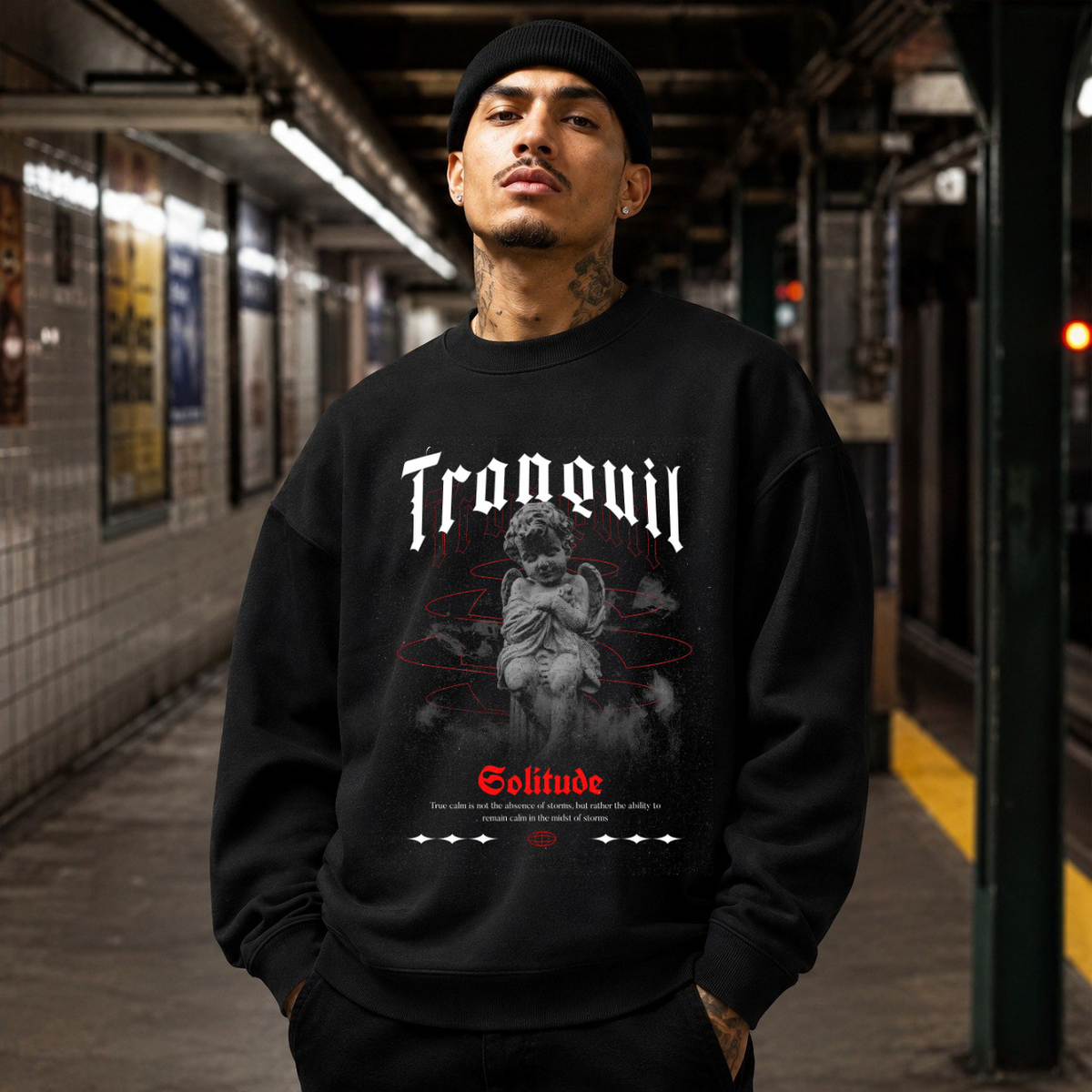 Tranquil Solitude Cherub Statue T-Shirt – Religious Imagery Collage Graphic Tee - Color: black