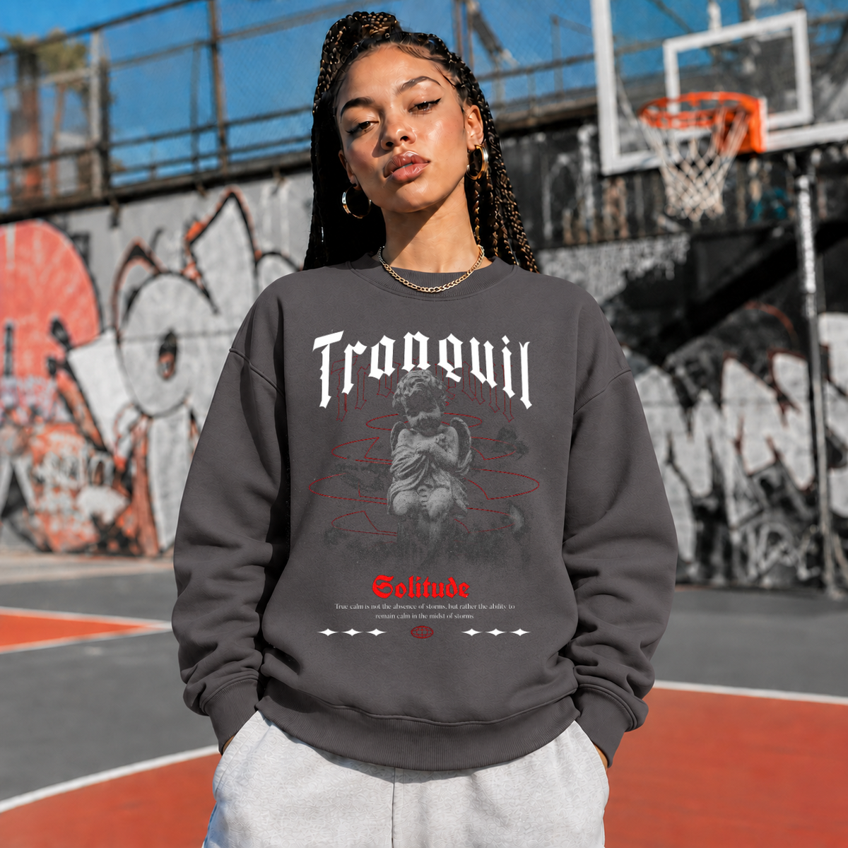 Tranquil Solitude Cherub Statue T-Shirt – Religious Imagery Collage Graphic Tee - Color: charcoal
