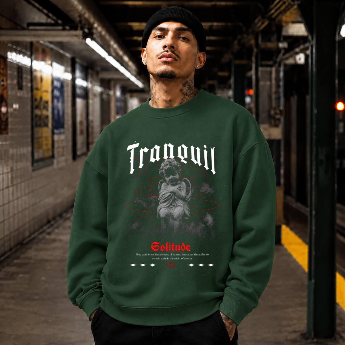 Tranquil Solitude Cherub Statue T-Shirt – Religious Imagery Collage Graphic Tee - Color: forest green