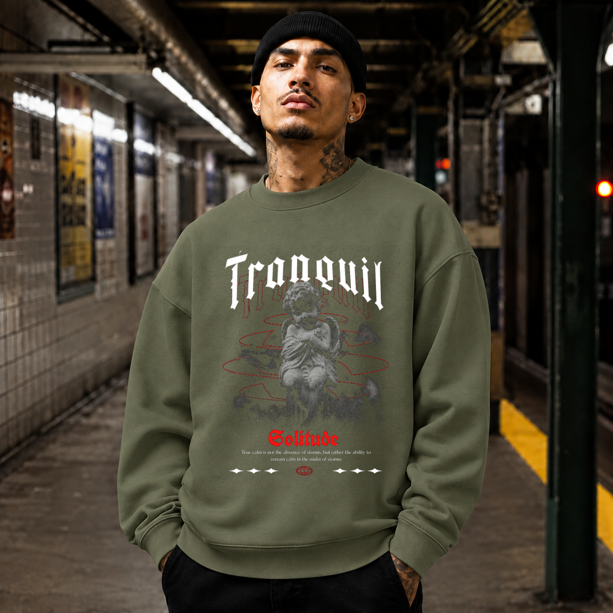 Tranquil Solitude Cherub Statue T-Shirt – Religious Imagery Collage Graphic Tee - Color: military green
