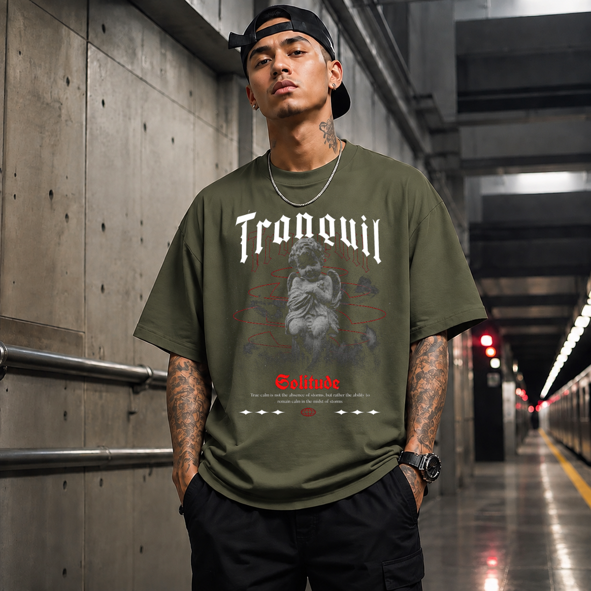 Tranquil Solitude Cherub Statue T-Shirt – Religious Imagery Collage Graphic Tee - Color: Millitary Green