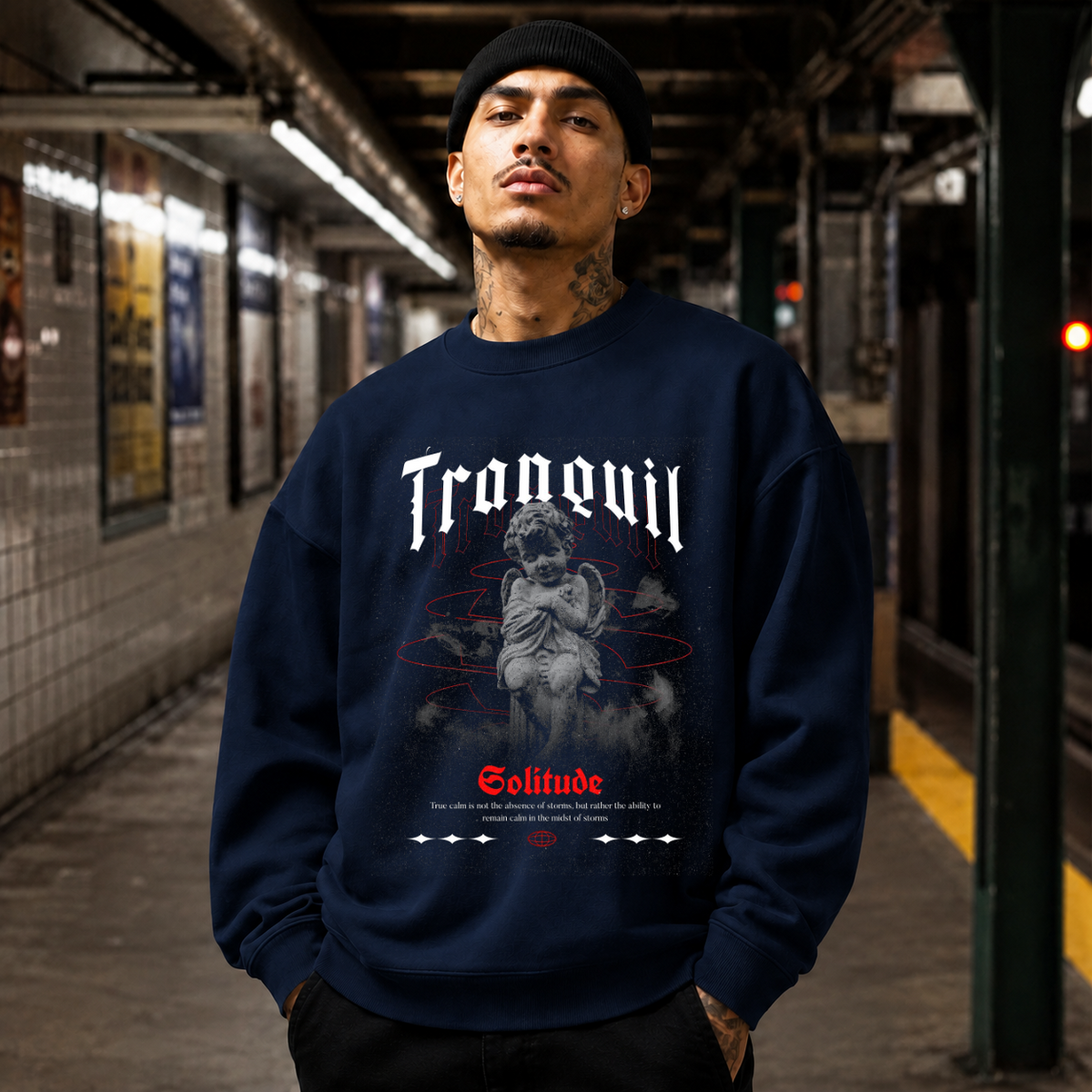 Tranquil Solitude Cherub Statue T-Shirt – Religious Imagery Collage Graphic Tee - Color: navy